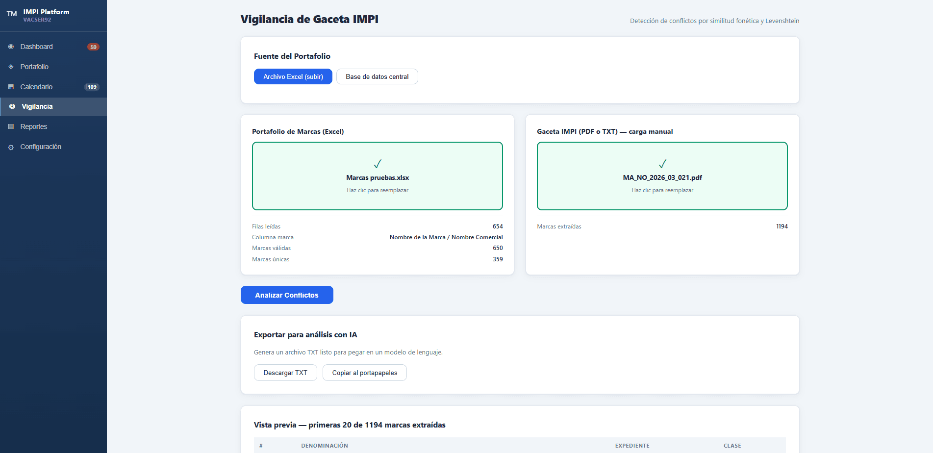 Sistema experimental de vigilancia marcaria — interfaz